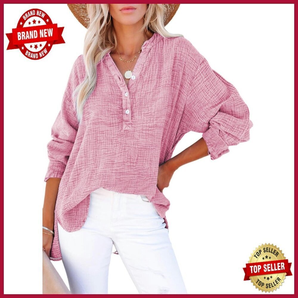 Oversized Button-Down Blouse Long Sleeve V-Neck Loose Fit Shirt